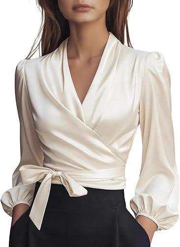 Silk Blouse for Women Elegant Wrap Satin Shirt Sexy Criss Cross Neck Long Sleeve Tie Waist Office Cocktail Formal Top
