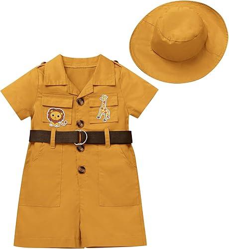 IDOPIP Girl Jungle Safari Outfit Wild Birthday Romper+Hat Jumpsuit Birthday Party Clothes Overall Shorts Photo Shoot Bodysuit