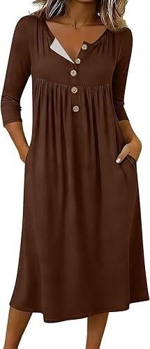 3/4 Sleeve Womens Dress Casual Flowy A-Line Midi T-Shirt Dresses with Pockets Crewneck Vocation Boho Beach Sundress