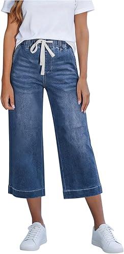 Women's Denim Cropped Wide Leg Jeans, Elastic Drawstring Waist Casual Capri Pants with Pockets Summer Jean Capris