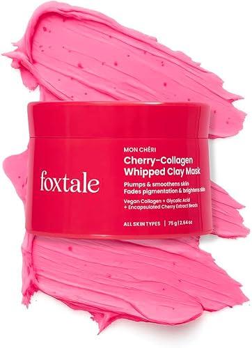 FoxTale Cherry-Collagen Whipped Clay Mask | Vegan Collagen + Glycolic Acid + PHA + Cherry Beads | Hydrates, Plumps & Firms Skin | Detoxifies Pores, Brightens & Smooths Dull, Uneven Skin | 75ml