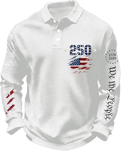 250 Years American Flag Anniversary US 250th Birthday Waffle Polo Shirt Classic Fit Retro Long Sleeve Polos, S-5XL