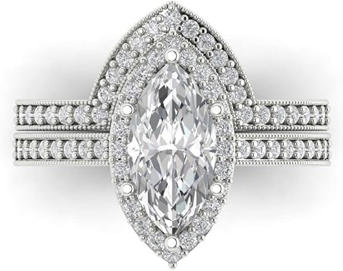 Clara Pucci Diamond Solitaire with Accents 14K White Gold Ring & Zirconia Stacking Band Anniversary Set (2.4875 cttw, 12x6mm, Marquise Cut)