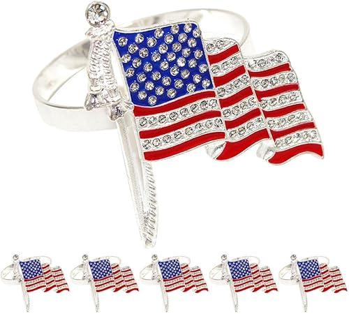 Unomor 6Pcs American Flag Napkin Rings Independence Day Rhinestone Star Napkin Buckles for Patriotic Table Decorations July 4th Party Supplies Blue