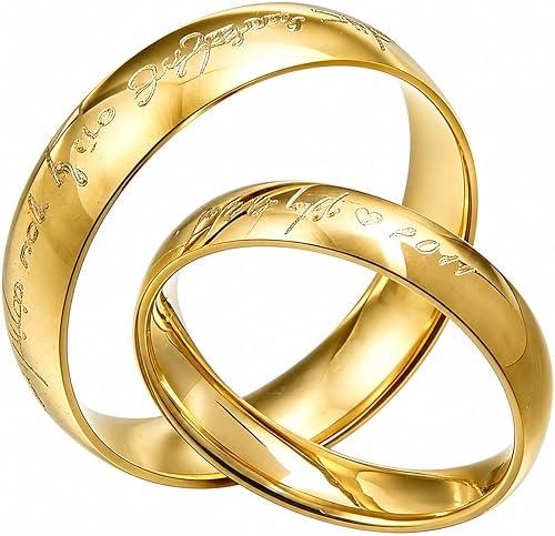 Gemini Personalize His and Her 18K Gold Color Anniversary Wedding Titanium Rings Set Dome Court Valentine Day Gift