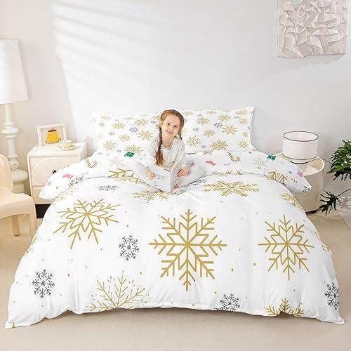 Snowflakes Duvet Cover Set Queen Size,Gold Snow Polka Dots Bedding Sets 3Pcs for Kids Girls Boys Adult Room Decor,Christmas Winter Comforter Cover Ultra Soft Luxury Quilt Cover,2 Pillowcases