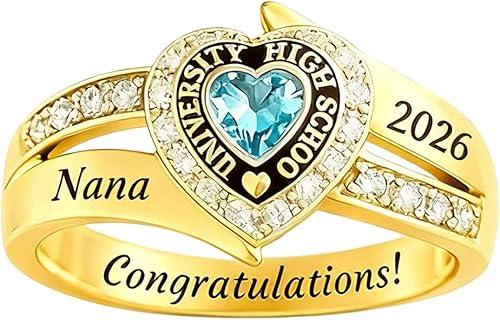 Personalized Class Rings For Women Men Heart cut Birthstone Halo High School Graduation Ring 2027 2026 Solid 10k/14k/18k Gold Custom Birthstone Name University College Ceremonies