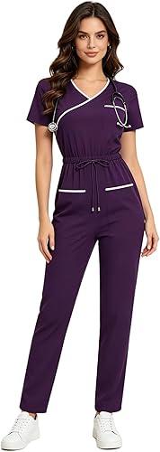 Agoky Scrub Jumpsuit for Women's V Neck One Piece Scrubs with 3 Pockets Drawstring Medical Nurses Uniform