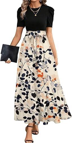 Women's Summer Dresses 2026 Short Sleeve Floral Print Wrap Waist Sundress Beach Wedding Guest Maxi Dress with Belt