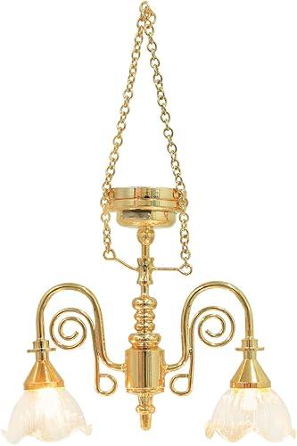 Miniature Dollhouse Chandelier Light - Gold Double-Head Floral Pendant Lamp with Illuminated Ceiling Light for Dollhouse Furniture Accessories and Tiny Home Decor