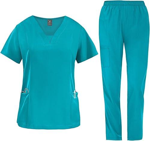 2 Pcs Scrubs Sets for Women Stretch Wide Leg Pants & V-Neck Short Sleeve Tops Plus Size Medical Scrub Sets