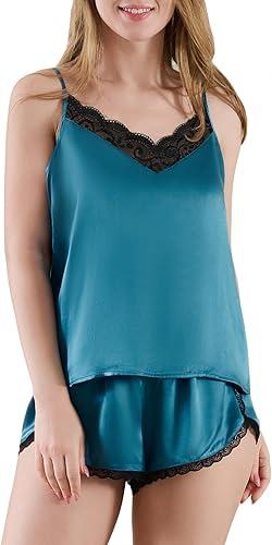 THXSILK 100% Mulberry Silk Pajama Set for Women 2 Piece Lace Cami Pj Shorts Set Lingerie Sleepwear