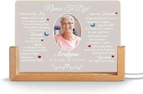 Personalized Memorial Picture Frame Night Light Lamp with Poem I NEVER LEFT YOU in Spanish Nunca Te Dejé, Custom In Loving Memory Sign, Loss of a Loved One Sympathy Gifts Bereavement Loss of Mom