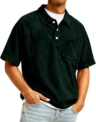 Men's Ribbed Corduroy Button Front Short Sleeve Polo Shirt Casual Stand Collar Pullover Top Summer Lightweight Tshirt