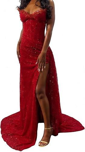 Beaded Sequin Gown - Lace Up Beaded Neck Dress - High Slit Maxi Formal Dress
