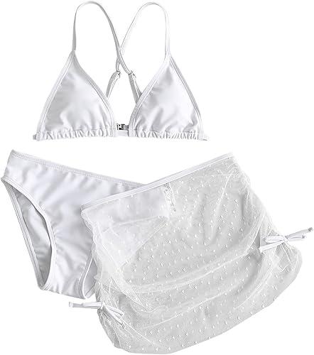 3 Piece Swimsuits for Girls Cute Bathing Suit Spaghetti Strap Triangle Bikini Top Bottom with Side Drawstring