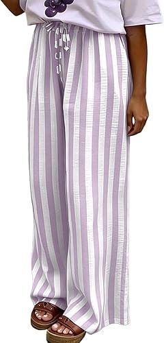 Women's Striped Drawstring Waist Pants Wide Leg Pants Casual Loose Fit Trousers Beach Vacation Outfits with Pockets