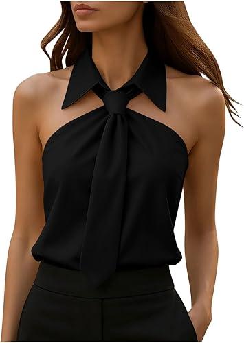 Oplxuo Women Tie Neck Blouse Dressy Casual Tank Tops Sleeveless Collared Off Shoulder Zipper Back Office Work Shirts