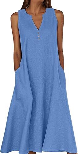 Linen Dresses for Women Summer V Neck Button Sleeveless Midi Dress Casual Boho Dresses Beach Dress