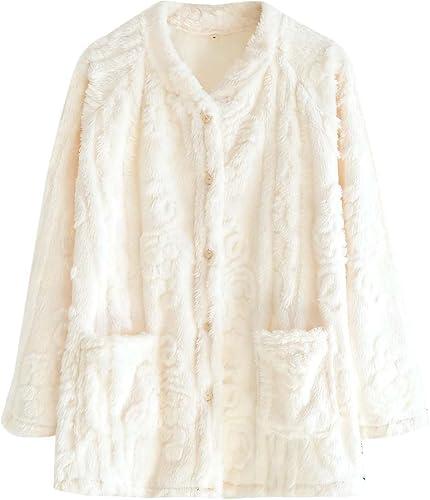Oplxuo Plush Bed Jackets for Elderly Women Cozy Fuzzy Fleece Pajama Tops Button Up Sleepwear Long Sleeve Coats with Pockets