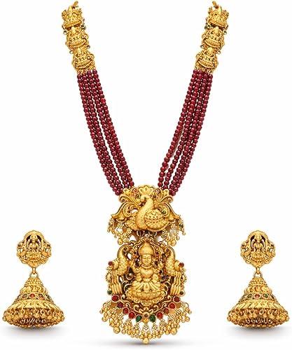 Temple Jewelry Necklace Set for Women – Gold Plated Goddess Lakshmi Design Statement Necklace with Matching Earrings, Green & Red Stones, Traditional Indian Bridal Wedding Jewelry