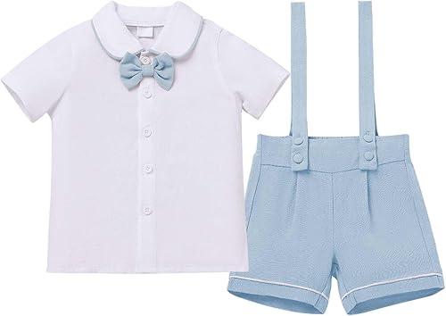 IDOPIP Baby Boys Formal Suit Bowtie Shirt Suspender Shorts Set First Birthday Baptism Wedding Tuxedo Outfits for Photo Shoot