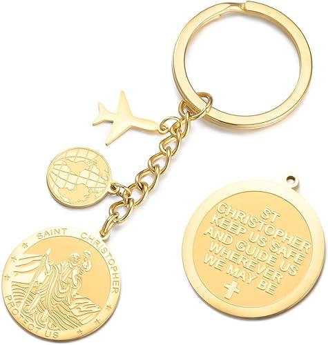 Dreamtimes St. Christopher Keychain for Men Women Airplane Key Ring Map Stainless Steel Keychains Good Luck for Travel Lovers