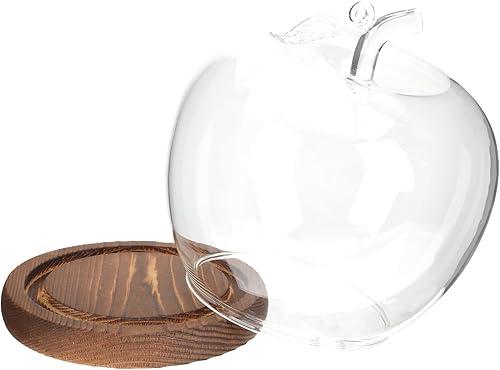 Glass Display Cloche Dome with Soild Wood Base: Apple Shape Glass Cover for Flower Storage Bottle Office Home Christmas Party Favordecoration 5. 3" X 5. 1"