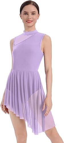 AFAVOM Lyrical Dance Dress for Women Contemporary Dance Costumes ﻿Solid Mesh Asymmetric Flowy Tulle Skirt for Competition