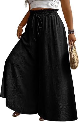 Women Linen Pants Plus Size Wide Leg Palazzo Pants Drawstring Elastic Waist Loose Fit Casual Pants