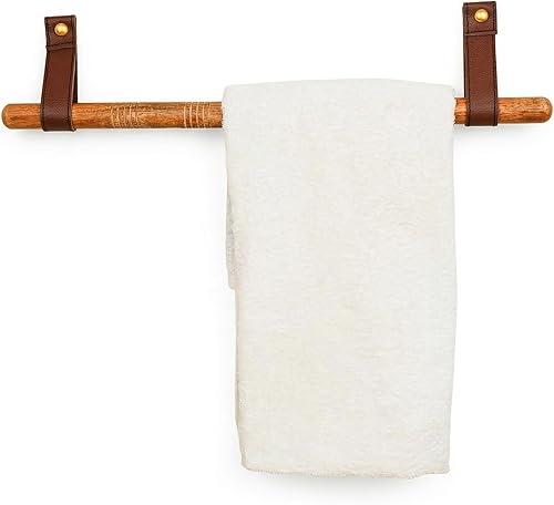 IndianShelf Boho Wood Towel Holder - Leather Strap Wall Mounted Wooden Hand Towel Rack - Solid Wood Leather Towel Organizer for Bathroom & Kitchen