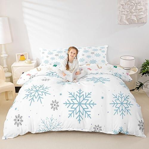Blue Snowflakes Bedding Sets King Size,Merry Christmas Duvet Cover Set 3Pcs for Kids Girls Boys Adult Room Decor,Winter Snowflake Pattern Comforter Cover Elegant Luxuries Quilt Cover,2 Pillowcases