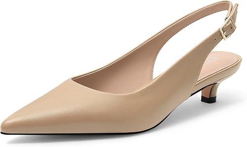 KUOARN Kitten Heels for Women Slingback Pointed Toe Low Heel Dress Pumps | Low Heels with Adjustable Buckle Strap, Comfortable Dress Shoes for Women Wedding, Office, Party & Daily Wear