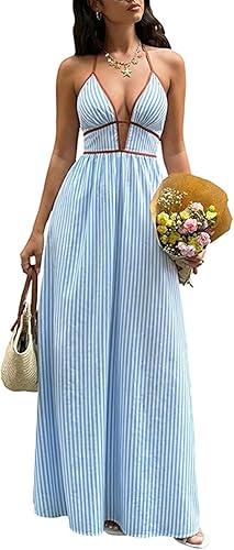Oplxuo Women's Halter Neck Striped Maxi Dress, Deep V Neck A Line Sundress, Sleeveless Summer Vacation Beach Dresses
