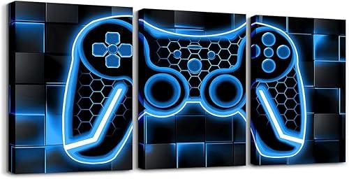 Feelyou Gamer Canvas Wall Art Gaming Bathroom Wall Art for Home Decor 12"x16" 3 Piece for Teens Bedroom Decor Lighting Honeycomb Office Wall Artwork Posters Blue and Black Geometric Wall Painting