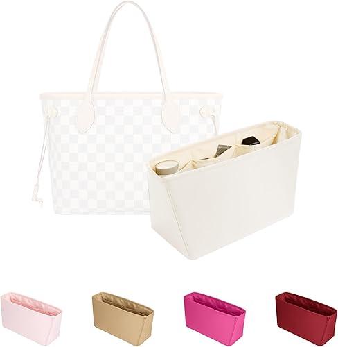 Tote Bag Insert Organizer, Satin & Portable with Pockets for Storage, Large Tote Insert Ideal for Travel, Shopping, and Daily Use, Fits LV Neverfull MM (Craie, MM)