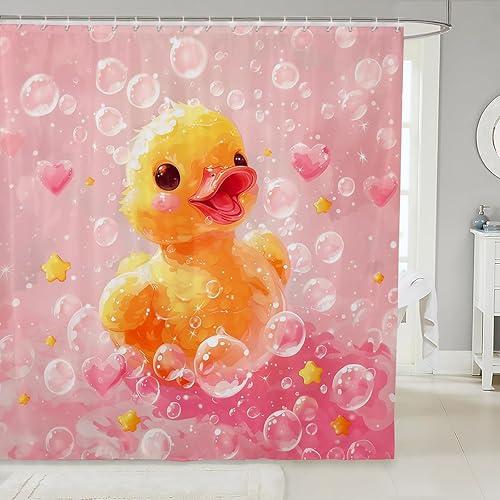 Erosebridal Cute Pink Duck Shower Curtain Set for Girls Kids - Yellow Rubber Ducks Bathroom Decor, Animal Print Bathroom Set 72 x 72 Inch, Gifts for Duck Lovers Kawaii Fabric Shower Curtain