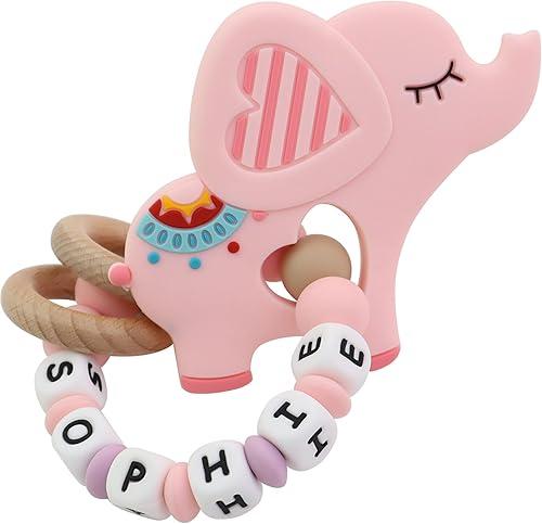 Personalized Baby Teether Rattle with Name – Custom Wooden Teething Toy for Boys & Girls – Handmade Elephant Keepsake Baby Shower Gift (Pink)
