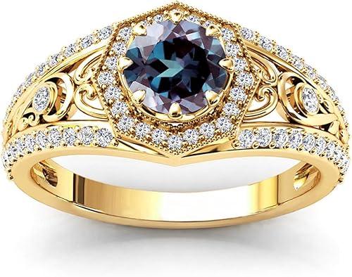 10K 14K 18K Gold Round Cut Gemstone Vintage Rings for Women 7MM(1.3CT) Gemstone and Moissanite Promise Statement Anniversary Ring for Her Size 4-15
