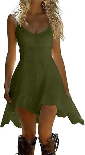 Oplxuo Women Cotton Linen Beach Dress Spaghetti Strap V Neck Mini Dresses Summer Sleeveless Casual Sundresses with Ruffle Hem