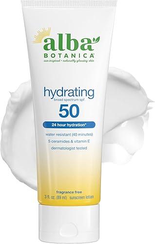 Alba Botanica Hydrating Sunscreen Lotion, SPF 50 Broad Spectrum Protection, 24 Hour Hydration, Water Resistant (40 minutes), Fragrance Free, Oxybenzone-Free, 3 Fl. Oz