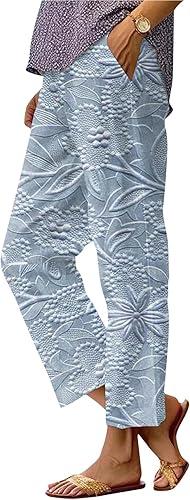 Womens Linen Palazzo Lounge Pants Elastic Waist Wide Leg Pants with Pockets Casual Boho Floral Capri Pants