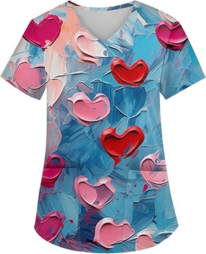 HXHYQKP Scrub Tops Women Funny Print V Neck Short Sleeve Shirts Stretch Anti Wrinkle Nursing Uniform