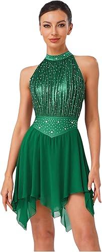 iiniim Womens Lyrical Dance Dress Ruched Metallic Mesh with Rhinestone Leotard Dress for Figure Skating Modern Dance