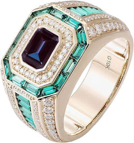 10K 14K 18K Gold Men's Emerald Cut Gemstone Engagement Ring with Moissanites Luxury Design Gemstone Wedding Anniversary Ring for Men Husband Size 4-16