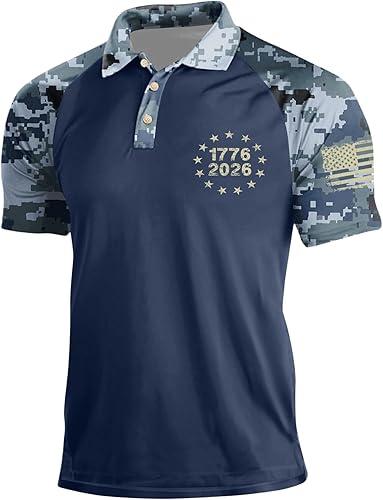250 Years Polo Shirt - Men's 250 Years Anniversary USA Flag Print Button Down Golf Shirt 1776-2026 Patriotic Tee, S-5XL