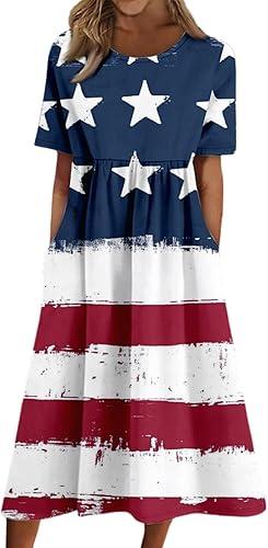 Womens American Flag Star Striped Dress Short Sleeve Plus Size 250 Anniversary USA Patriotic 4Th of July Midi Dress