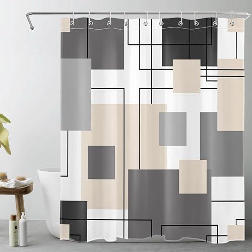 LB Black and Cream Geometric Shower Curtain Decor, Mid Century Modern Grey and White Shower Curtains for Bathroom 60X72 inch Polyester Fabric Bathroom Decoration Bath Curtains Hooks Included