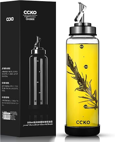 Glass Olive Oil Dispenser Bottle Shatterproof and Leakproof with Stainless Steel Spouts High Temperature Resistant 17oz Cooking Oil and Vinegar Cruet Dispenser