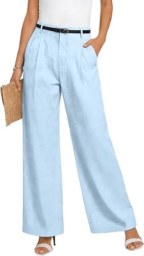 Women's Linen Dressy Work Casual Pants Straight Wide Leg Trousers with Pockets Business Casual Outfits
